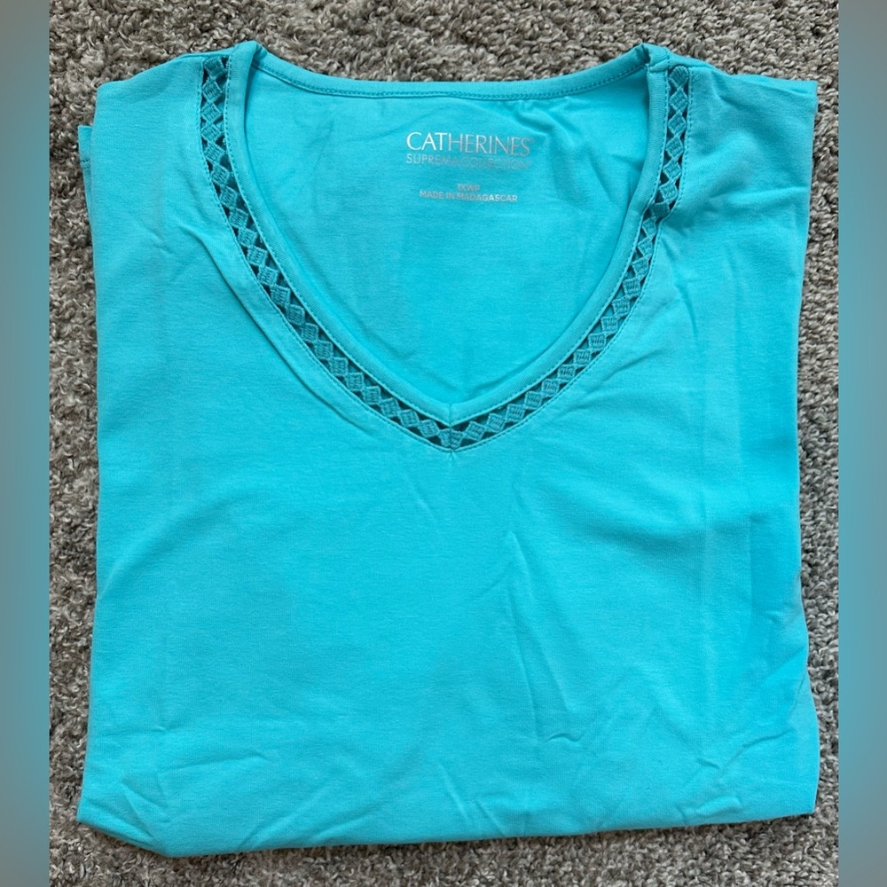 Catherine’s Suprema Collection Aqua Crochet V Neck Tshirt NWT Size 1XWP